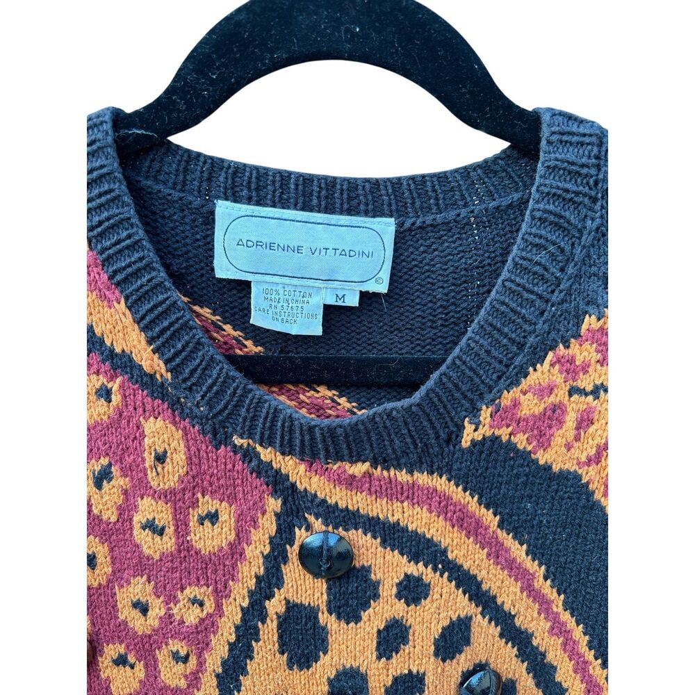 Vtg Adrienne Vittadini Art Deco Beaded Sweater Sz M Patchwork Oversized Cotton - Picture 2 of 8